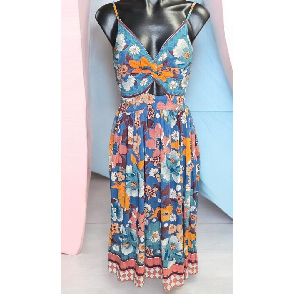 Angie Dress Womens Medium Blue Floral Smocked Midi Sundress Boho Strappy